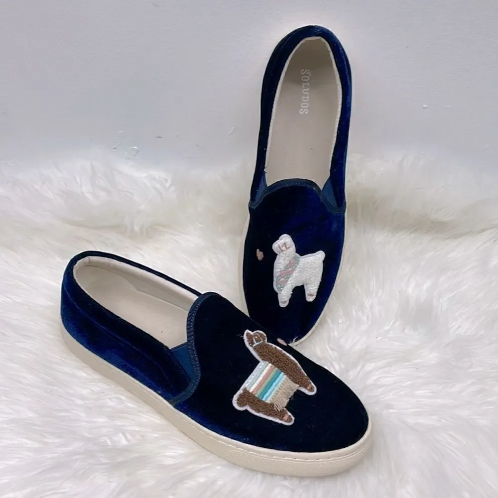 Saludos | Llamas in Love blue velvet slip on 11 sneakers.